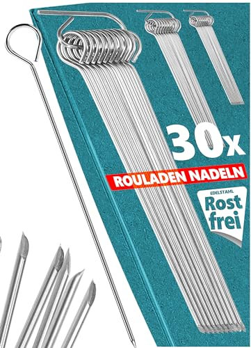 Menz Rouladennadeln, SET - 30 Stück Rouladennadeln Edelstahl rostfrei, 10 cm lange Rouladenspieße mit Grifföse und scharfer Spitze als praktischer Ersatz für Rouladenklammern