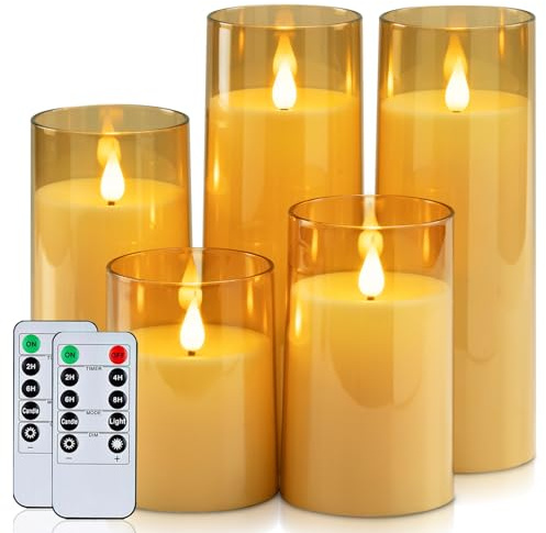 Homemory Amber Flickering Flameless Candles, Battery Operated Acrylic LED Pillar Candles with Remote Control and Timer, Fall Candles, Set of 5