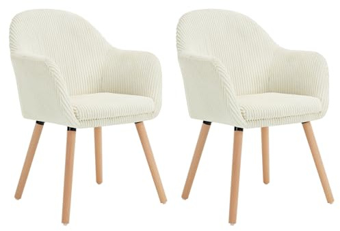 WOLTU Chaises de Salle à Manger Lot de 2, Chaise de Cuisine avec Accoudoirs, Chaise Rembourrée avec Pieds en Bois Massif, en Velours Côtelé, Beige.