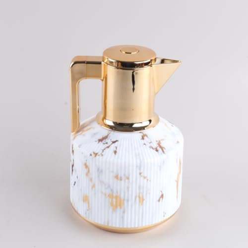 JMAHM 1L Coffee Carafe Tea Dispenser Thermal Coffee Insulated Jug Keep Drinks 12 Hours Hot/ 24 Hours Cold Double Walled Vacuum Jug with Press Button Top (White Pattern)