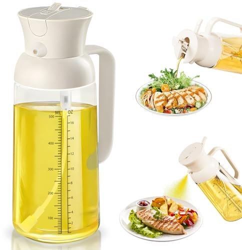 Spruzzino Olio per Friggitrice Aria, 2 in 1 Spruzzatore Olio da Cucina, 550ml Vetro Oliera Spray con Scala di Misurazione, Nebulizzatore Olio per Friggitrice Ad Aria, Insalata, BBQ, Grill (Bianco)