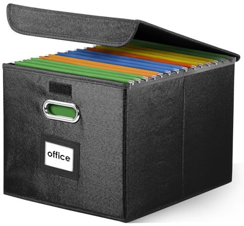 Upgraded Portable File Organizer Box with Lids, Foldable Linen Hanging Filing Storage Boxes with Tag Holder and Plastic Slide, Decorative Home/Office Filling System for File and Folders Storage(black)