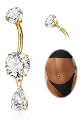 NICEIGHT F136 Pure Titanium Dangle Belly Button Ring for Women Dangling Navel Ring Hypoallergenic Teardrop Belly Rings Internally Threaded CZ Belly Piercing Jewelry 10MM Gold