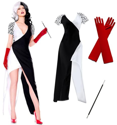 MeYuxg 4 Piezas Disfraz Halloween Mujer con vestido,Guantes Rojos y Bastón,Traje Halloween Mujer para mujer Chicas para halloween Carnaval, Fiesta de Disfraces y Cosplay(L)