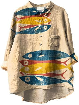 Chemisier en lin pour femme - Hauts d'été décontractés et amples - Col polo à manches longues - Peinture à l'huile de poisson - Chemisier asymétrique avec poche poitrine, jaune, L
