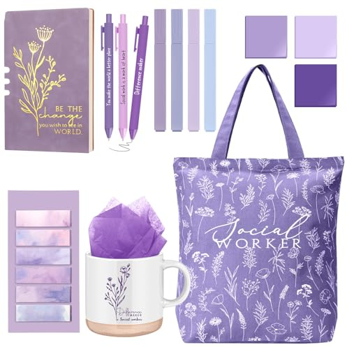 Reallnaive 15 Pcs Social Worker Appreciation Gifts Set Notebook Coffee Mug Floral Bag Ballpoint Pens Sticky Notes for Women Social Worker MSW DSW Lcsw Volunteer Coworker Office Supplies(Purple)