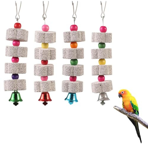 4 pièces Jouet à Mâcher pour Oiseaux, Grands Jouets à mâcher pour Oiseau, Grands Jouets à mâcher pour Oiseau avec Cloche,Convenant aux perruches calopsittes et aux perroquets à Longue Queue.