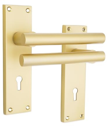 Infinity Decor Pair of Modern Straight Design T-Bar Lever on Backplate Key Locking Door Pull Handle Satin Brass Set β for Interior and Exterior Doors