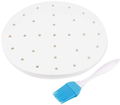 Flexzion AirFryer Backpapier für Heißluftfritteuse, 19cm 100 Stück Rund Perforierte Pergamentpapier für Bambus Dampfgarer & 3,5 & 3,7 QT AirFryer, Mikrowelle, Backofen Antihaft-Kochen