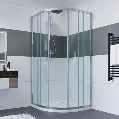 IMPTS Duschkabine Viertelkreis 80 x 80 cm mit Duschtasse & Ablauf, Runddusche Duschabtrennung Viertelkreis Dusche Schiebetür Viertelkreisdusche, Höhe 185cm