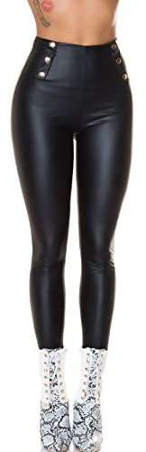 Koucla Business Thermo Leder Look High Waist Leggings mit Deko Knöpfe S/M, Schwarz