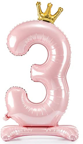 DekoHaus Folienballon Zahl 3 Rosa mit Krone 103 cm – Stehender Ballon metallisch, nur mit Luft befüllbar, Geburtstagsdeko für Mädchen, Kinderparty, Jubiläum & Prinzessin Party