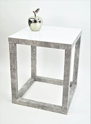 freeroom24, Beistelltisch, Wohnzimmertisch, Couchtisch, Coffee Table, Kleiner Kaffeetisch, Blumenhocker, Blumensäule, Cube, Betonoptik, Glas weiß, 30 x 30 x 50cm, Made in Germany