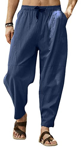Cooleep Pantaloni Lino Uomo Estivi Casual Pantaloni Elasticizzati Leggeri da Yoga Spiaggia Blu Scuro XL