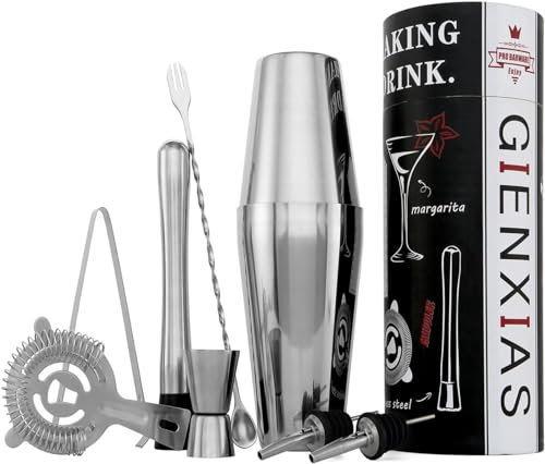Set shaker per cocktail Boston, 9 pezzi, set shaker per cocktail con colino, beccuccio, bastoncino da cocktail, pestello, cucchiaio per miscelazione.er miscelazione. (argento)
