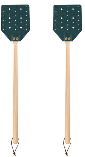 2 Stück Leder Fliegenklatsche, Lange Fliegenklatsche Robuster Fänger Manuell mit Holzgriff und Hängeseil Gemusterte Hohle Wespenklatsche für Drinnen Draußen (Dunkelgrün)