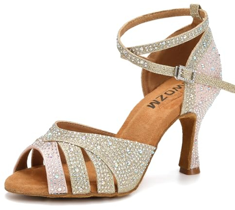 SWDZM Tanzschuhe Damen Latein Glitzer Professionell Salsa Tango Party Hochzeit Ballsaal Tanz Schuhe,Rosa+Gold,Ferse 7.5cm,Wildledersohle,42EU