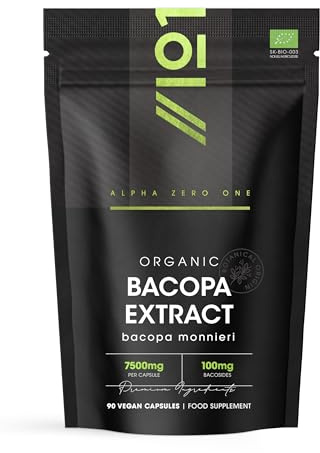 Organic Bacopa Monnieri Capsules 7500mg - 20% Bacosides (100mg Per Capsule) – 90 Count – Resealable and Recyclable Pouch by Alpha01