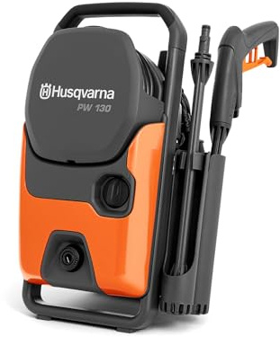 Husqvarna PW 130 Hochdruckreiniger – 130 Bar, 465 L/h Durchflussmenge, Metallpumpe, 6 m Schlauch, Schaumsprüher und Düsen - Kompakter elektrischer Strahlreiniger für Autos, Terrassen und Außenflächen