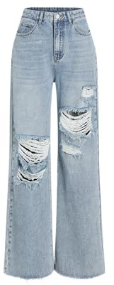 CIDER Women’s Ripped Jeans High Waisted Distressed Baggy Straight Wide Leg Pants: Denim, M