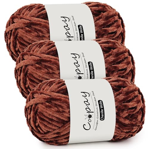 Coopay Lana de Chenilla para Ganchillo, 3 x 100 g de Felpilla Aterciopelada, Lana Suave para Mantas, Bufandas, Café