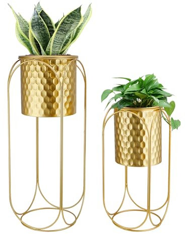 TRIROCKS Set of 2 Indoor Outdoor Decorative Planters with Stand for Plants 65.5 & 45.5cm Tall Morden Flower Pot Stand for Dining Room Kitchen Office Garden Patio Wedding (Golden Honeycomb Stamping)