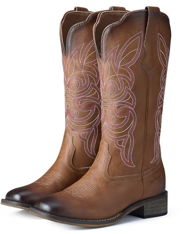 Rollda Women's Cowboy Boots Cowgirl Boots for Women Square Toe Western Boots Mid Calf Boots with Chunky Heel Dark Brown Size 8.5