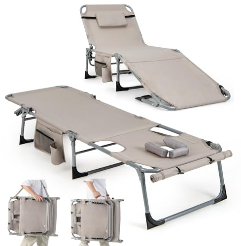 COSTWAY Bain de Soleil Pliable Inclinable à 5 Positions, Charge 150kg, Transat de Plage Pliable, Trou pour Visage, Appui-tête Amovible, Porte-gobelet et Poche, Chaise Longue pour Jardin Plage (Beige)