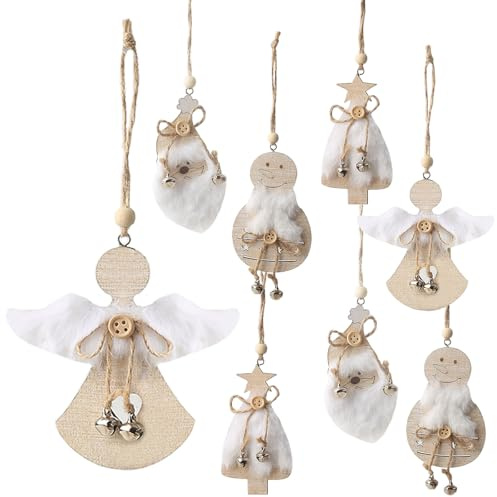 DAHI 8X Addobbi Albero di Natale Legno, Decorazioni Natalizie in Legno da Appendere, 4 Modelli Pupazzo di Neve, Babbo, Alberi, Angelo, per Decorazioni Albero di Natale (Bianco + colore legno)
