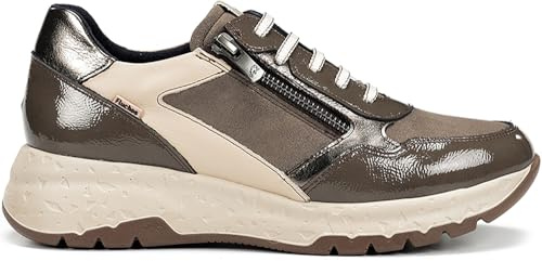 FLUCHOS - Sneakers,Scarpa sportiva casual da donna con zeppa,Lacci e cerniera,Suola in gomma con zeppa per: Donna, taupe, 39 EU
