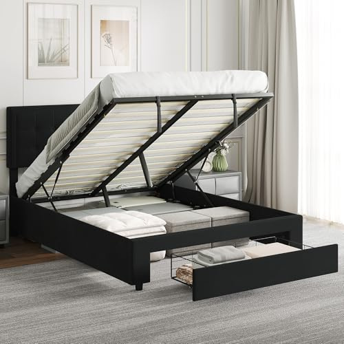 HOMCOM Upholstered Ottoman Bed with Storage Drawer and Adjustable Headboard, 4ft6 Double Size Bed Frame with Gas Lift End Opening, Wooden Slats, No Mattress, Black