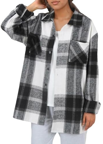 Veste a Carreaux Femme Surchemise Blouse en Laine Bûcheron Surchemise Chaude Automne Hiver Chemise Manteau en Flanelle Manches Longues Oversized Vintage Chemisier Casual Carreaux Veste