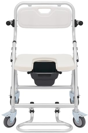 Toalettrullstol med 4 låsbara hjul, duschstol upp till 150 kg, vikbar design, toalettstol med duschhuvudhållare för patienter äldre funktionshindrade