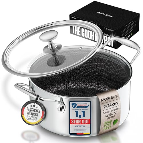 MORLEOS Schmortopf kratzfeste Antihaft-Waben-Keramikbeschichtung - 4,7 Liter, Ø 24×12 cm, 2,3 kg - modernen flachen Glasdeckel energiesparender 5-Schicht-Kochtopf - induktionsgeeignet