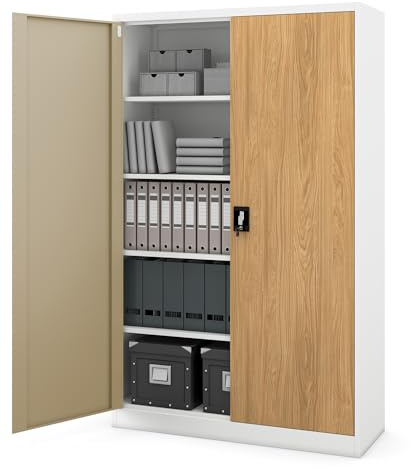 Jan Nowak Armario metálico Oficina con Llave, Armario metálico para Documentos con estantes Ajustables y Gran Capacidad 185 x 115 x 40 cm Blanco Roble Dorado