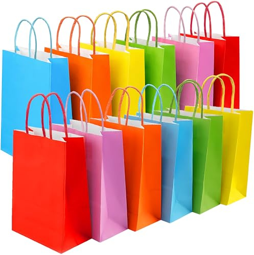 ZASNOORI 30 Pcs Kraft Paper Party Bags for Kids Party, 21x15x8 cm- 6 Colours 120 GSM Goodie Small Gift Bags with Handles for Presents, Sweet, Wedding, Birthday, Baby Shower, Halloween & Christmas