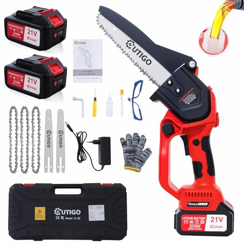 OUTIGO Motosega senza fili, motosega elettrica alimentata a batteria, on 2 batterie da 4000 mAh, 4 catene e 3 barre di guida, motosega portatile manuale, adatta al taglio del legno