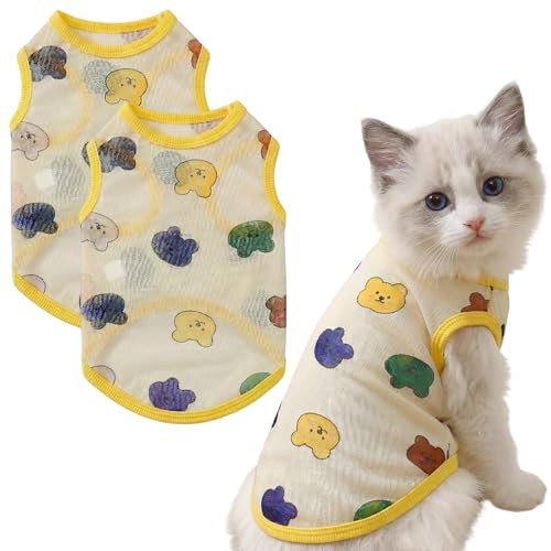 RVYEIOP 2 Pezzi Vestiti per Gatti Estivi Body Gatto Traspirante, Tutina Gatto Post Operatorio e Sterilizzazione, Vestito Gatto Leggero per Gatti Piccoli, Giallo, Taglia L (Torace 47cm, Schiena 35cm)