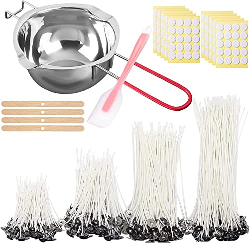 JEMESI Candle Making Kit Supplies Includes Double Spouts Boiler Pot, 200 Pcs Natural Cotton Candle Wicks, 100 Pcs Wick Stickers and Candle Wicks Holders, for Scented Candles and DIY Art Craft Tool