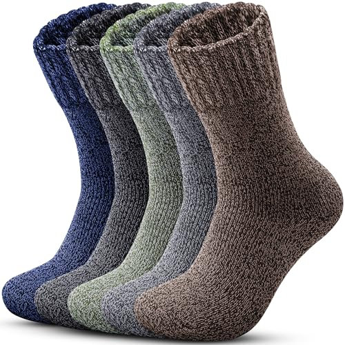 Reamphy Merino Herren Socken Wandersocken Thermosocken, 5 Paar Outdoor Warme Dicke Wollsocken Merinowolle Wintersocken 39-46