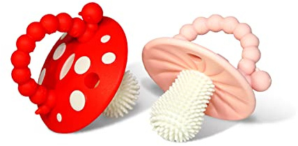 RaZbaby Soft Silicone Infant & Baby 3M+ Teether Toy Massaging Bristles Teething Relief Pacifier - Soothes Sore Gums - Hands-Free & Easy-to-Hold Chompy Teether, BPA Free (RED/Pink)