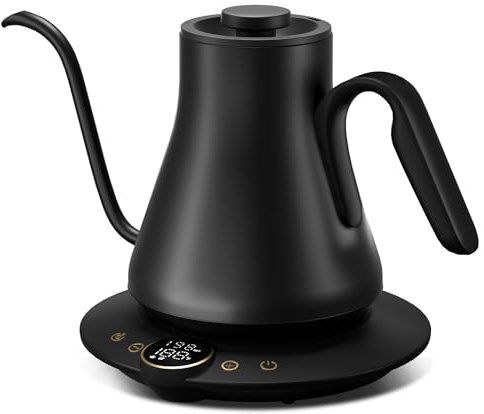 INTASTING Gooseneck Electric Kettle with ±1℉ Temperature Control for Pour Over Coffee & Tea, Quick Heating, BPA-Free Stainless Steel, Built-in Brew Timer, 1500W/0.9L (Ebony Black)