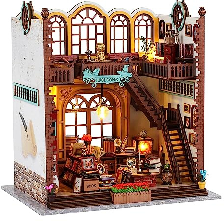 Quanquer Miniature House Kit: Magic Book Store Book Nook with Furniture and LED Light - DIY Kits for Adults - Wooden Doll House - Great Handmade Craft Model - Tiny House Decor Ideal Gifts