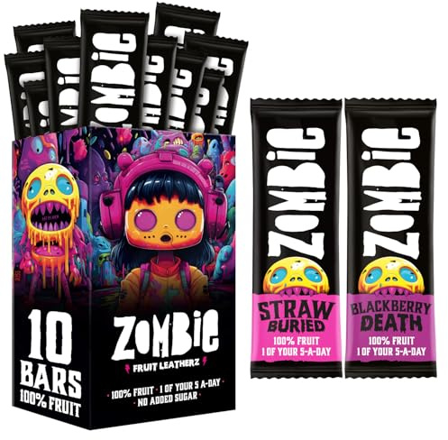 Zombie Fruit Bars, Strawberry & Blackberry (10 Bars, 2 Flavours), 100% Dried Fruit, Healthy Snacks, Adults, Kids, Office, Low Calorie, Gluten Free, Vegan, Halal, Bulk, Real Fruit, No Added Sugar