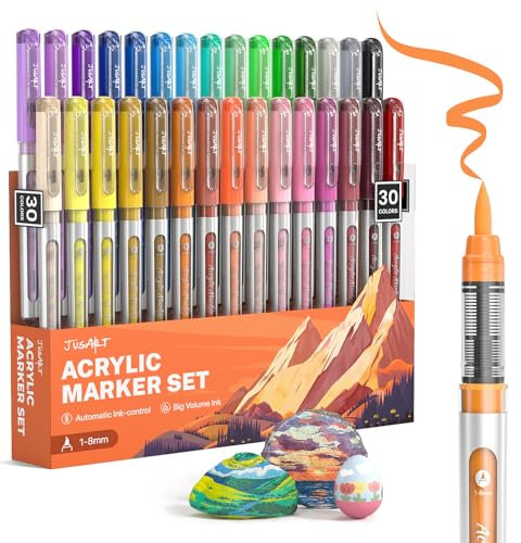 JusArt Acrylstifte 30 Farben set,1–8 mm Wasserfester Acrylmarker Pinsel Tip, für steine bemalen,holz,glas,Keramik,Leinwand,DIY