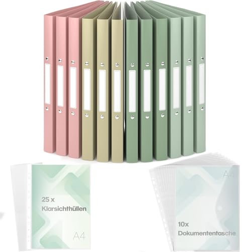 ACROPAQ - 12 x Ringbuch A4 - Inkl. 10 x Dokumententasche, 25 x Klarsichthüllen und 12 x Rückenetiketten, Mit 2 Ringen, Rückenbreite 2,5 cm, Erde, Nature Farbkollektion - Ringhefter, Ringordner