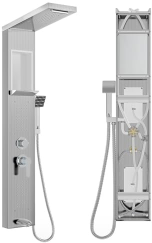 NAIZY Pannello doccia con rubinetto, sistema 5 in 1 con ripiano integrato, set multifunzione con doccetta per massaggio, cascata e pioggia, rubinetto in acciaio inox 304