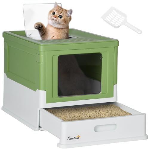 PawHut Arenero para Gatos, Caja de Arena para Gatos Plegable, con Entrada Frontal y Salida Superior, Pala Incluida, 47,5x35,5x36,7 cm, Verde Aguacate y Blanco