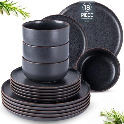 LeRatio Geschirrset für 6 Personen, Steingut Geschirr Set 18-tlg, Keramik Reaktive Glasur Kratzfestes- Schüssel- Teller-Set, Spülmaschinen- und Mikrowellenfestes, Schwarz-Brauner Rand mit Sprenkeln