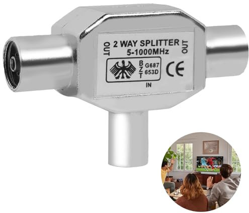 Divisor coaxial de antena de TV de 2 vías, 1 macho a 2 hembra, conector adaptador de antena de TV, divisor coaxial digital macho a macho hembra a hembra, adaptador coaxial de ángulo recto, carcasa de